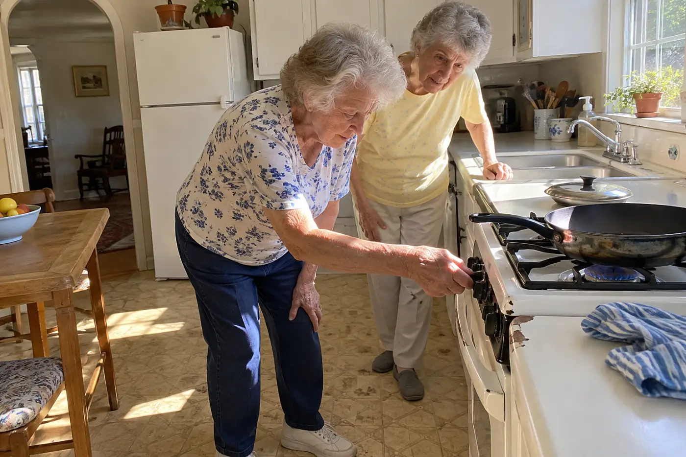 Older woman examining a burner knob on her kitchen stove.
