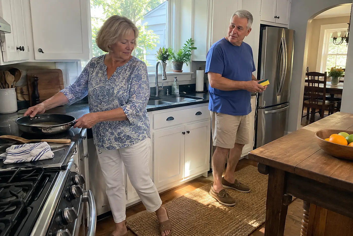 Older woman setting an empty pan beside her kitchen stove.