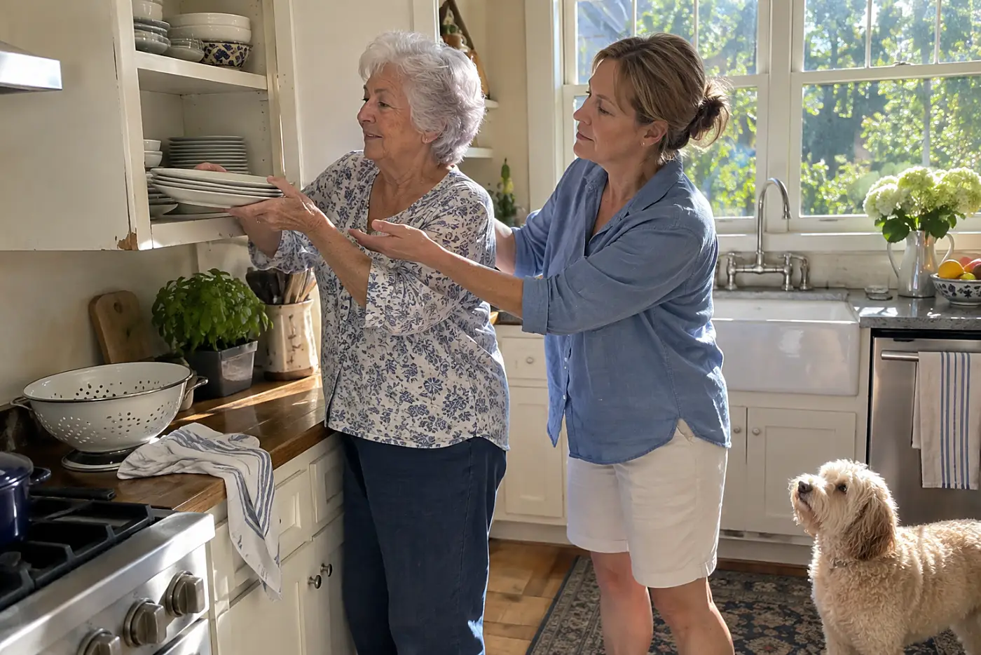 Older woman moving dinner plates to a lower kitchen shelf.