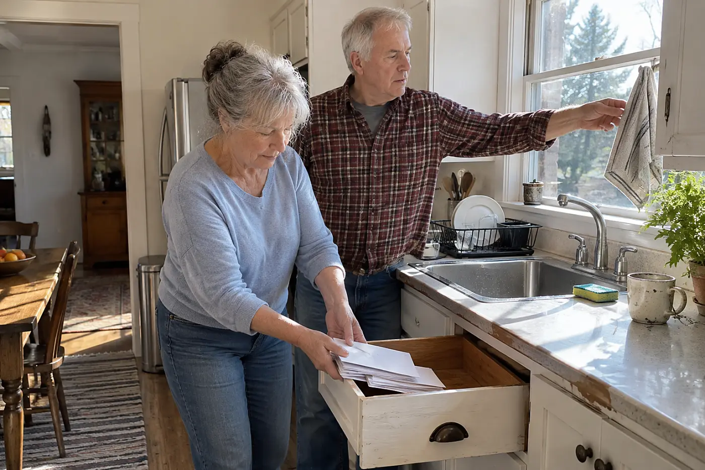 Older woman clearing mail from a kitchen counter beside the sink.