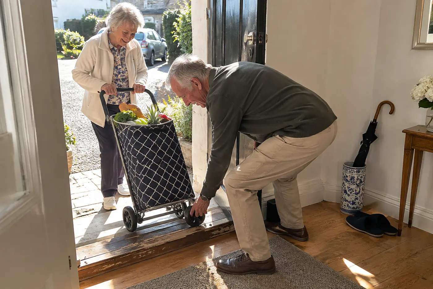 Older woman pulling a grocery cart across her front-door threshold.