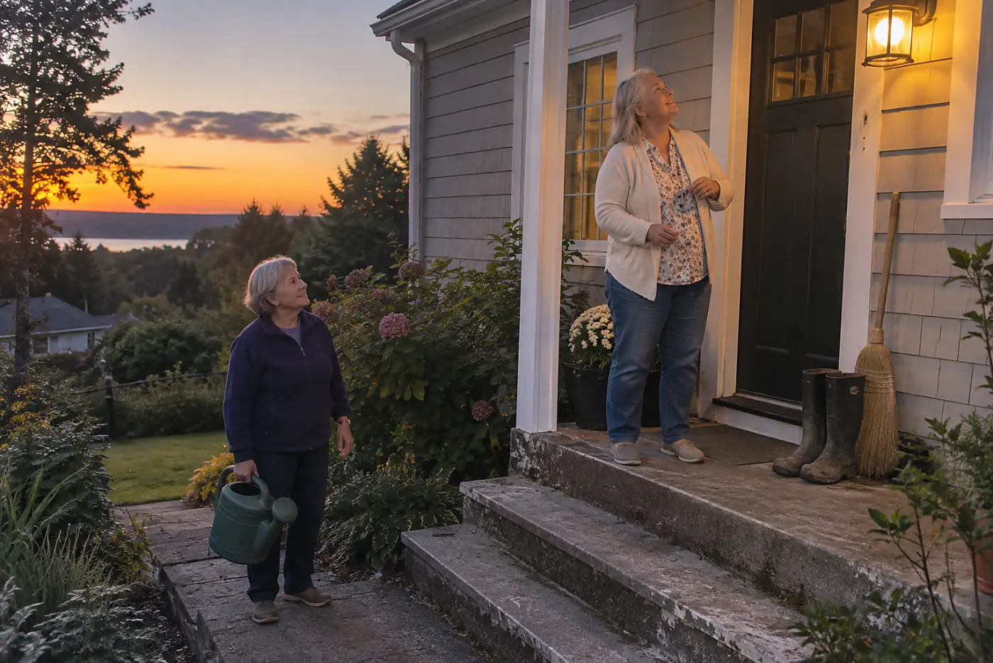 Older woman checking a porch light from her front steps at dusk.