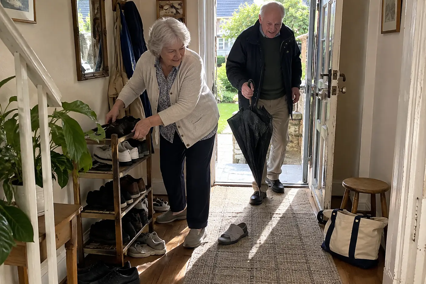 Older woman moving a shoe rack away from her front doorway.