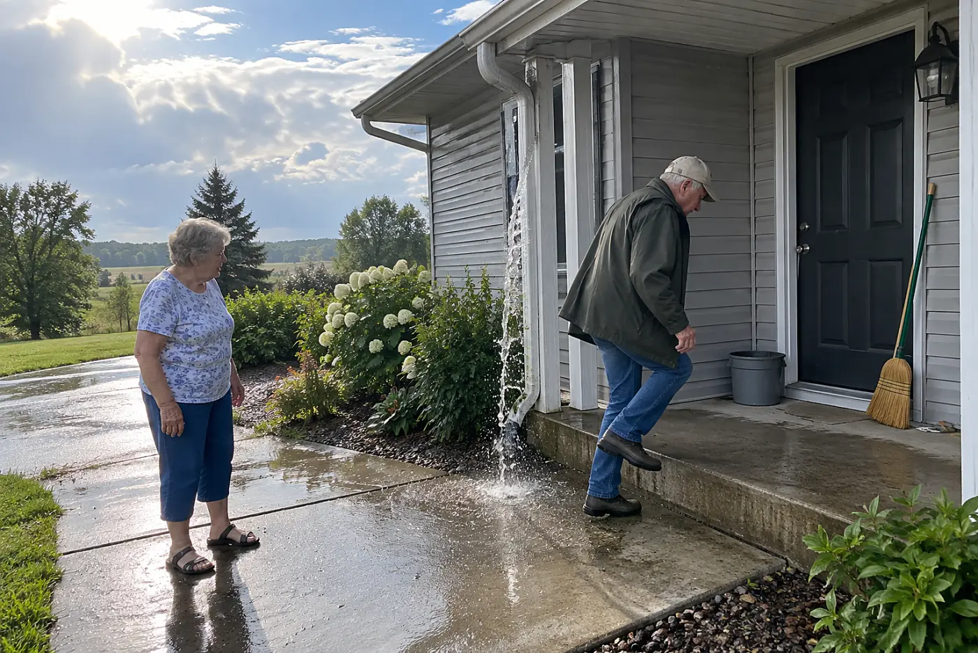 Older woman watching rain spill from a gutter onto her walkway.