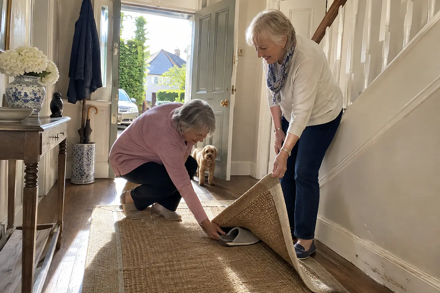 Older woman lifting a curled rug from her hallway floor.