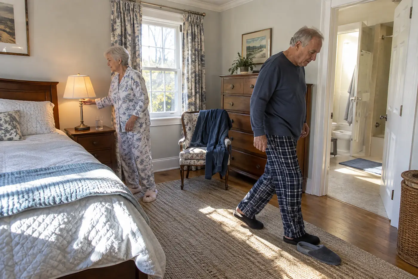 Older woman switching on a bedside lamp before crossing her bedroom.