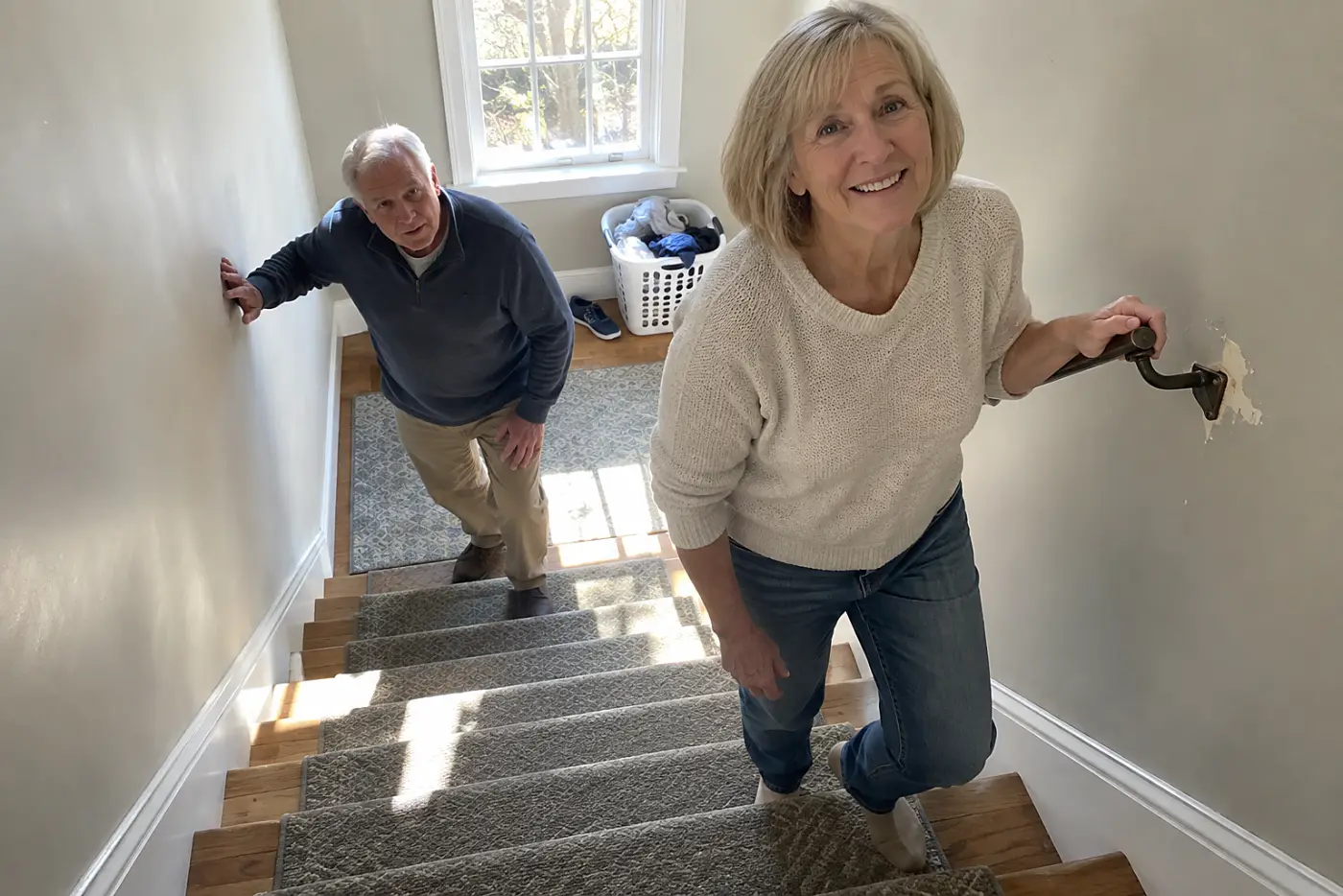 Older woman gripping a loose handrail bracket on her staircase.