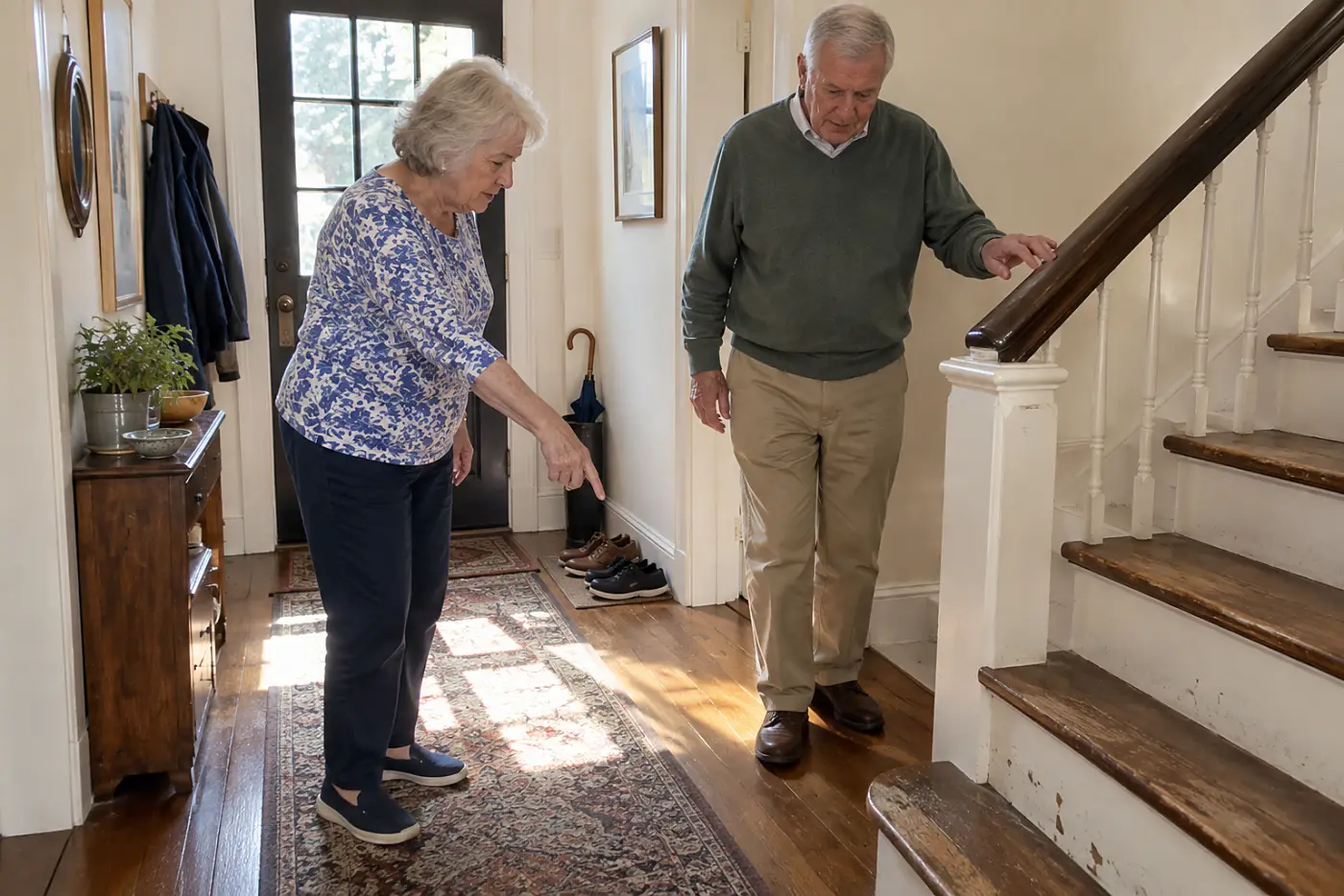 Older woman pointing to a worn stair tread in her hallway.