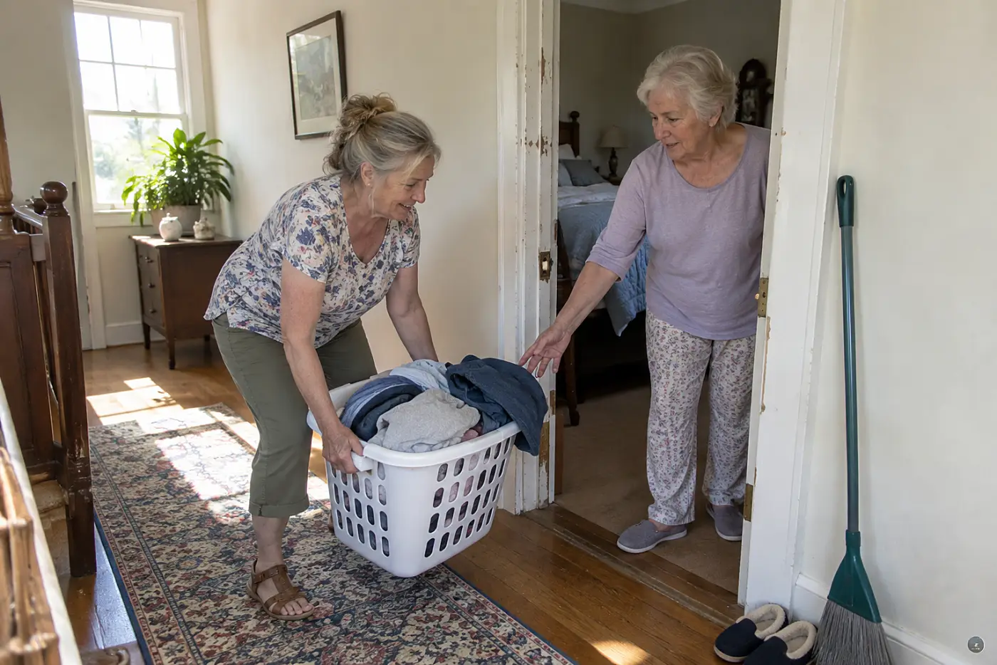 Older woman placing a laundry basket beside a downstairs bedroom door.