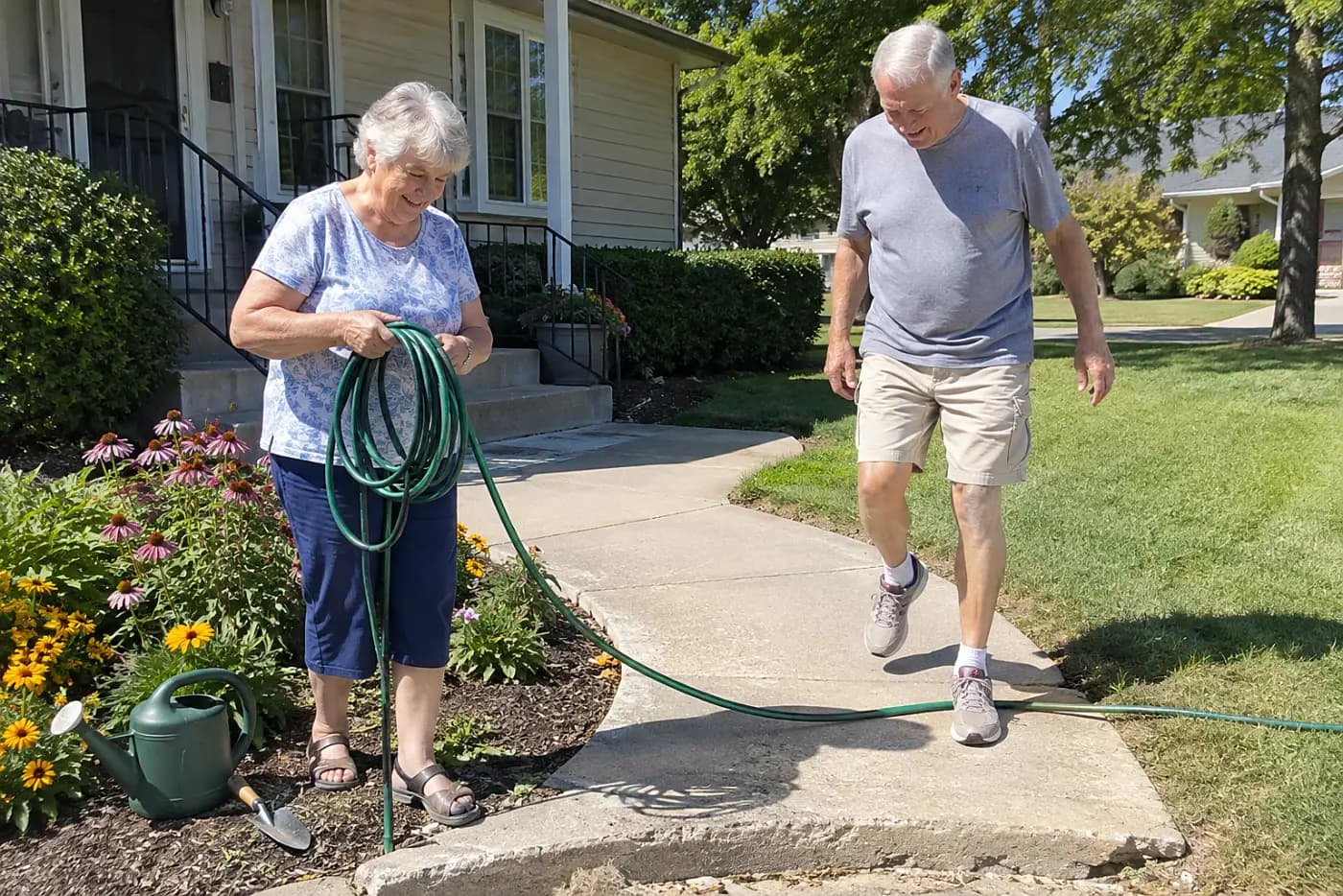 Older woman winding a garden hose beside her front walkway.