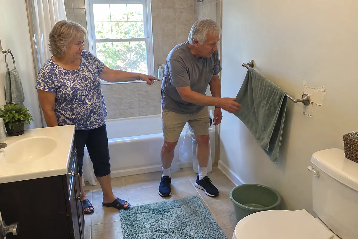 Older woman pointing to a towel rack beside her bathtub.