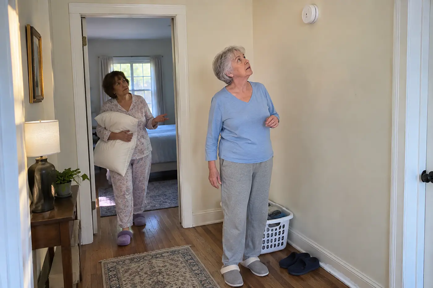 Older woman checking a carbon monoxide alarm outside her bedroom.
