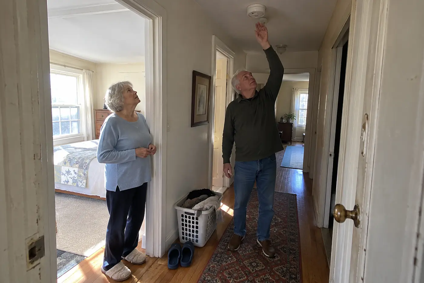 Older woman checking a smoke alarm from her bedroom doorway.