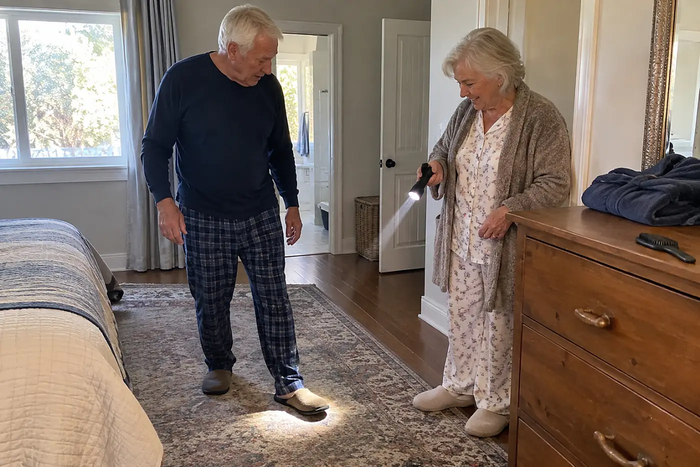Older woman testing a flashlight beside her bedroom dresser.