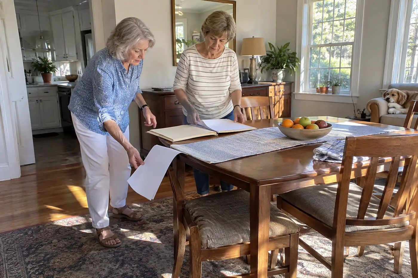 Older woman comparing insurance pages at her dining table.
