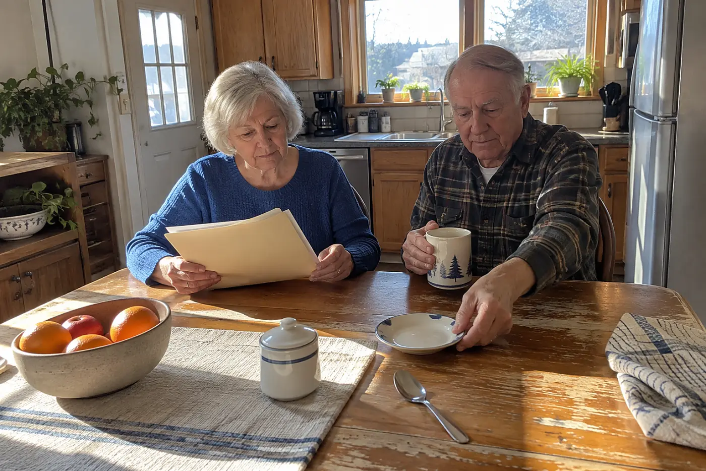 Older woman checking a property tax bill at her kitchen table.