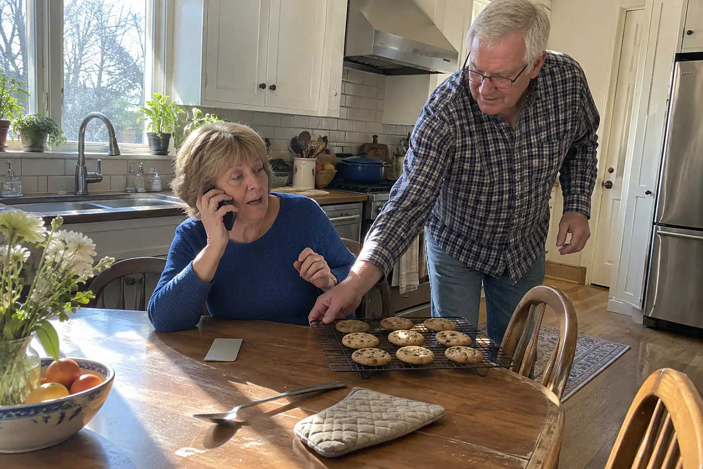Older woman talking on the phone at her kitchen table with a recipe card nearby.