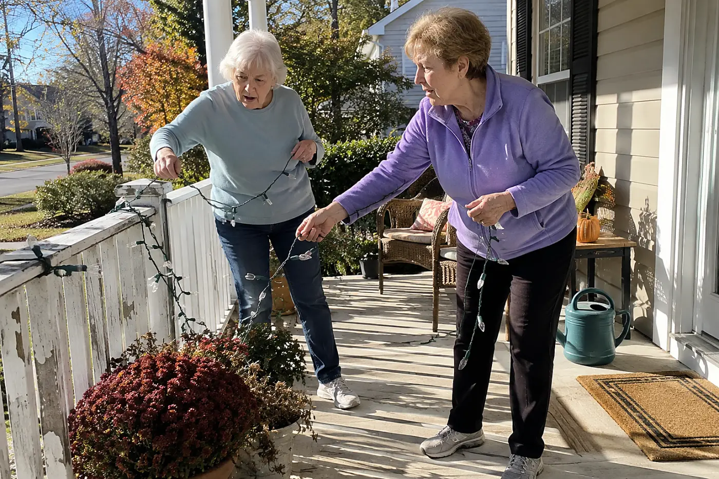 Older woman taking a strand of lights off her porch railing.