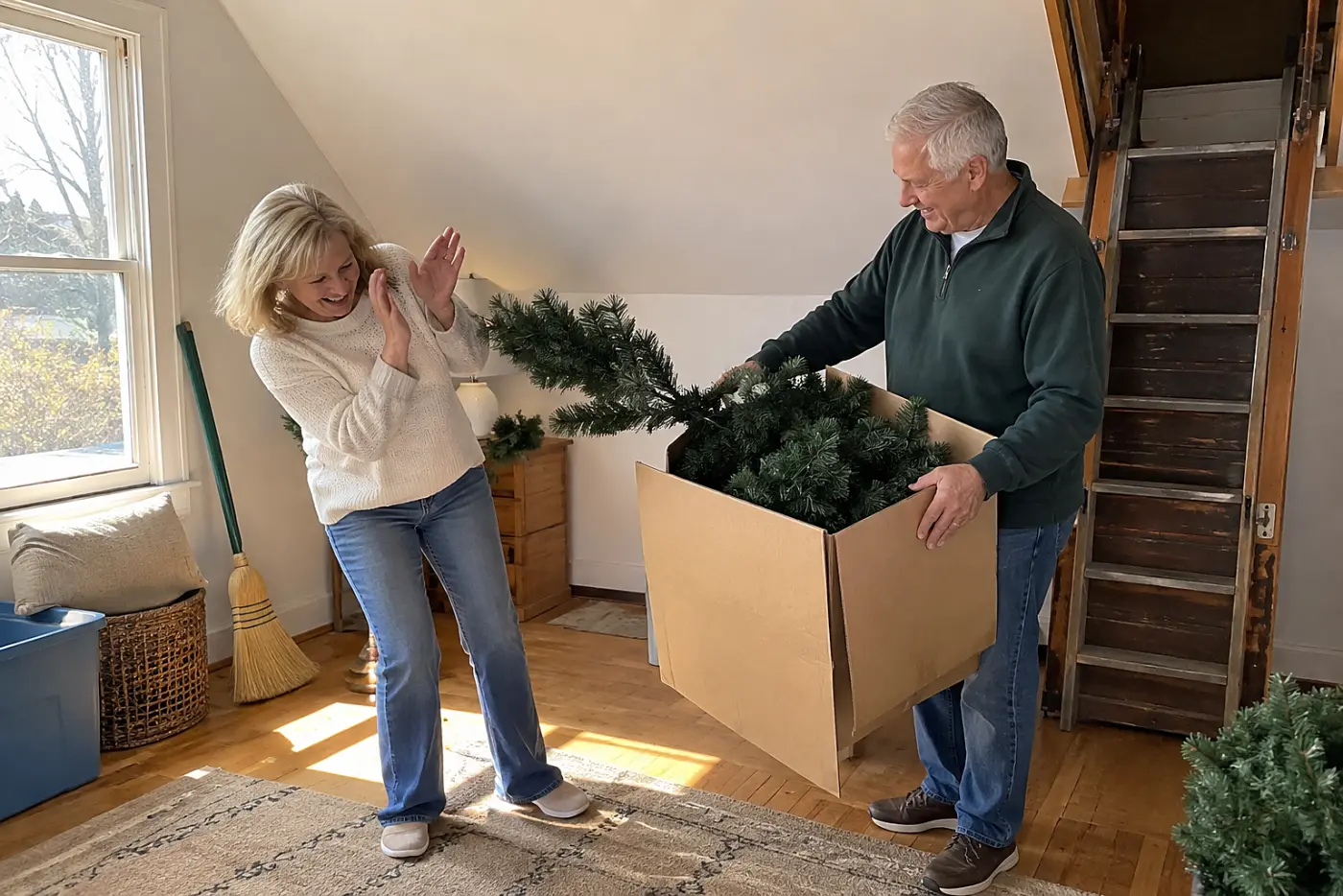 Older woman inspecting an artificial tree box beside her attic stairs.