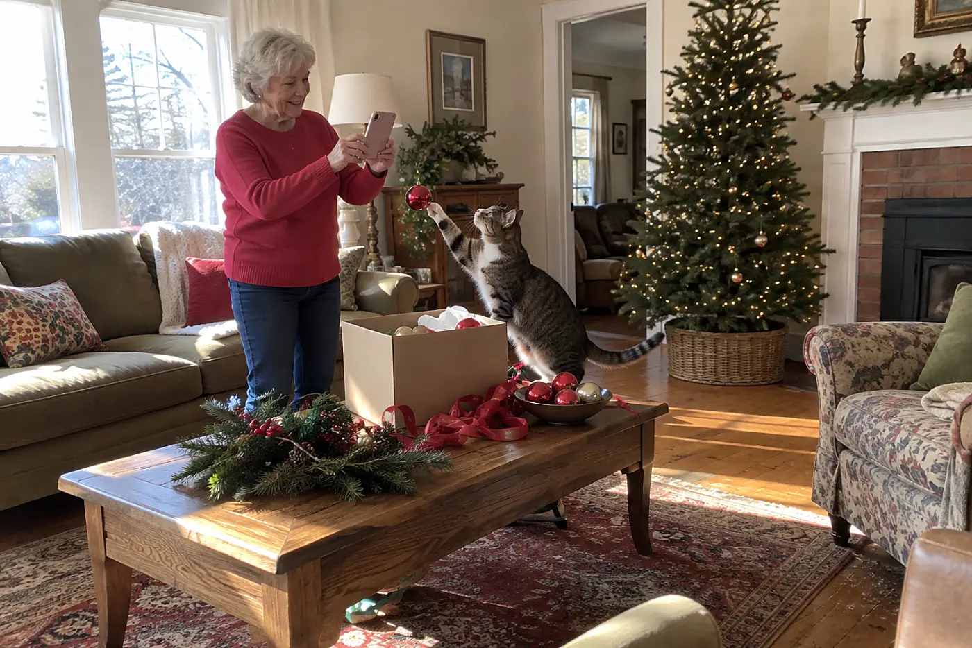 Older woman photographing an ornament beside an open box in her living room.