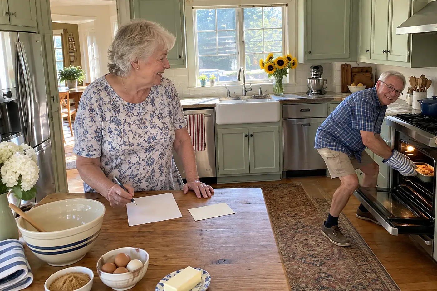 Older woman writing a note beside a recipe card in her kitchen.