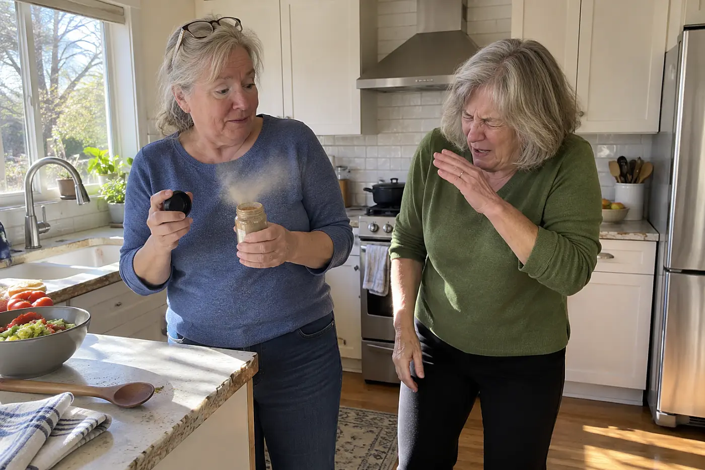 Older woman opening a spice jar at her kitchen counter.