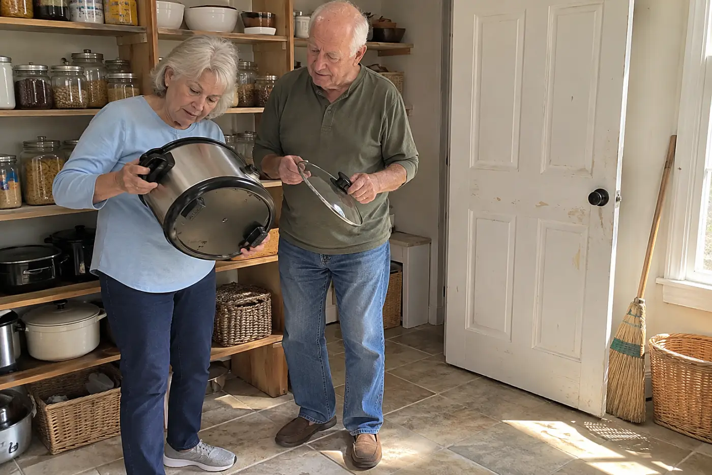 Older woman checking the label beneath a slow cooker in her pantry.