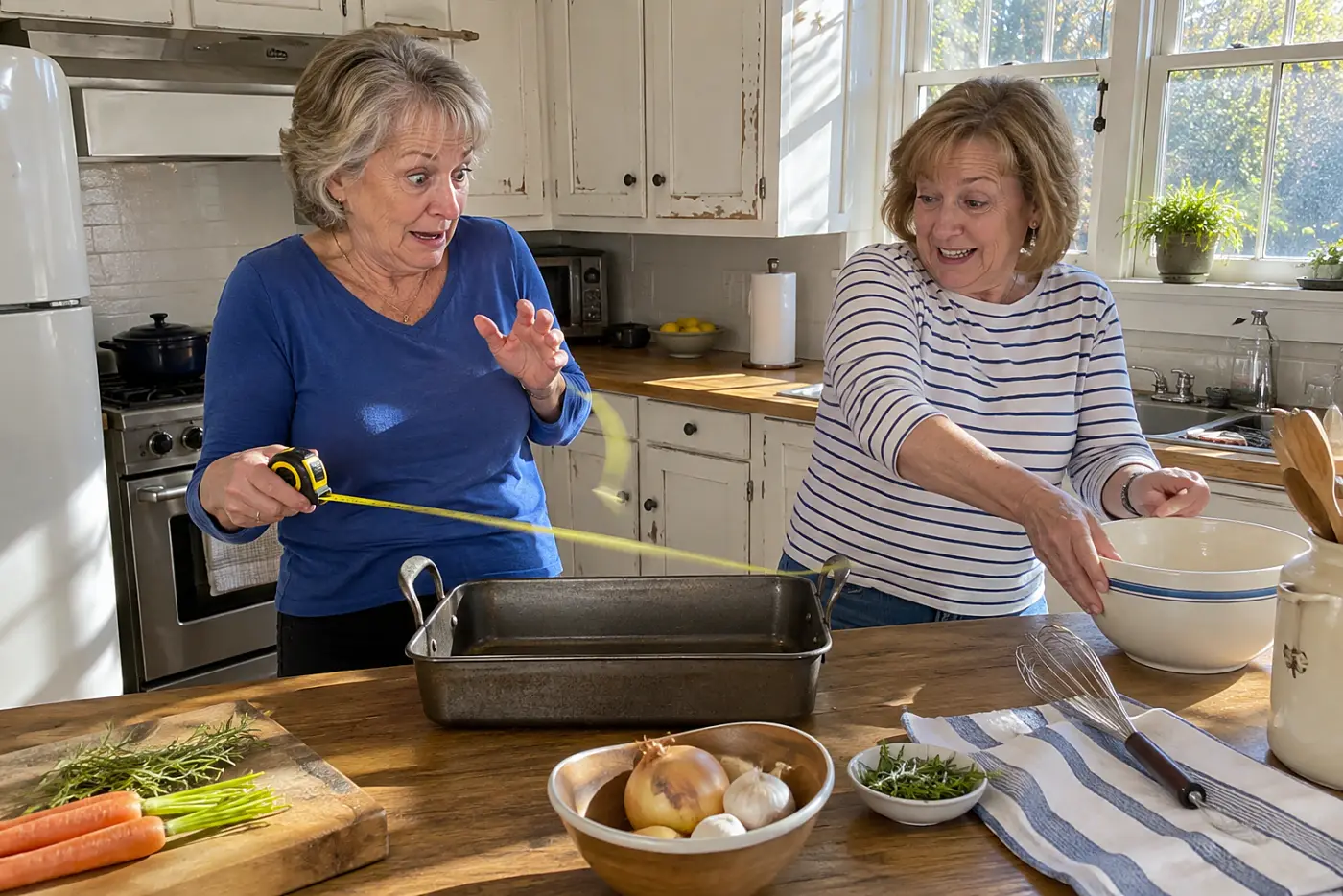 Older woman measuring a roasting pan at her kitchen counter.