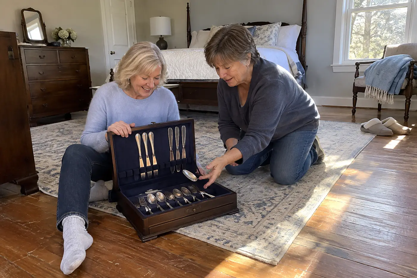 Older woman opening a silverware box on her bedroom floor.
