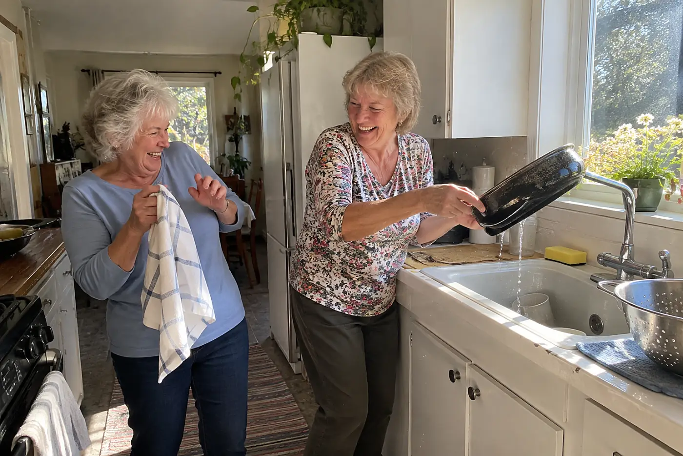 Older woman holding a dish towel beside her relative's kitchen sink.