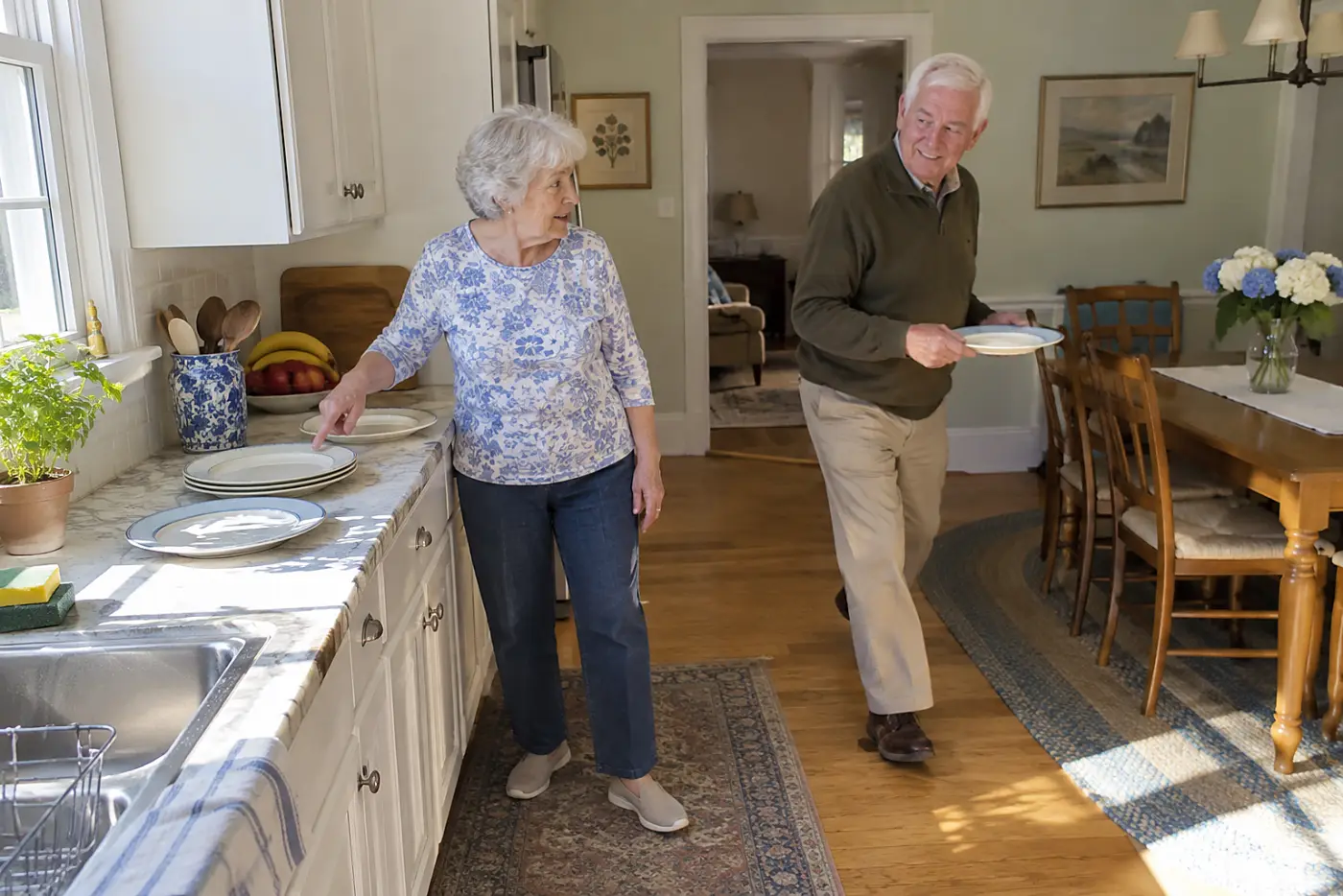 Older woman counting dinner plates on her kitchen counter.