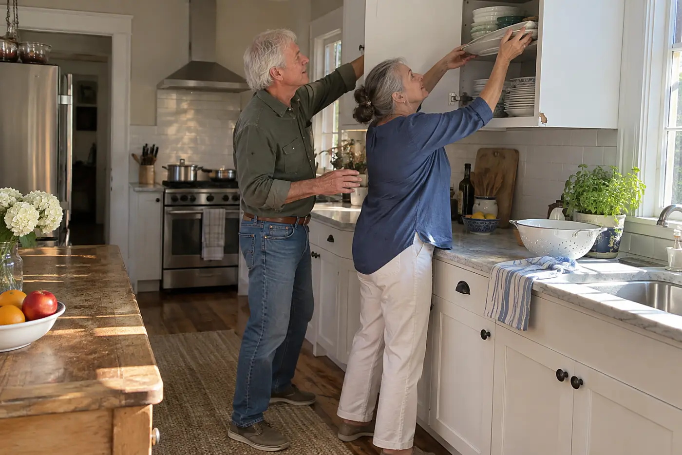 Older woman lifting a serving platter from a kitchen cabinet.