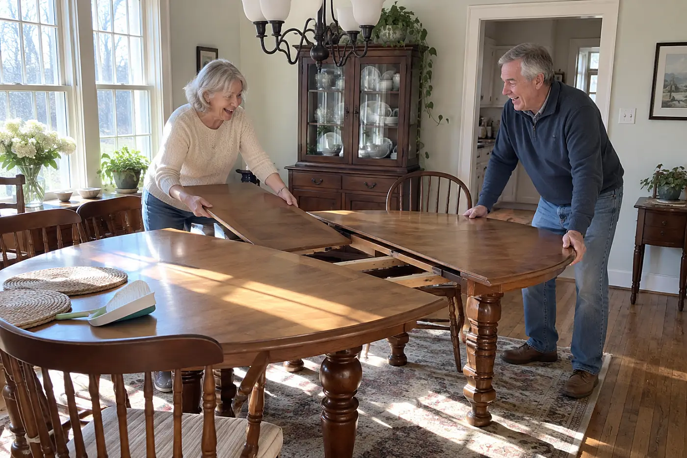 Older woman fitting a wooden leaf into her dining table.
