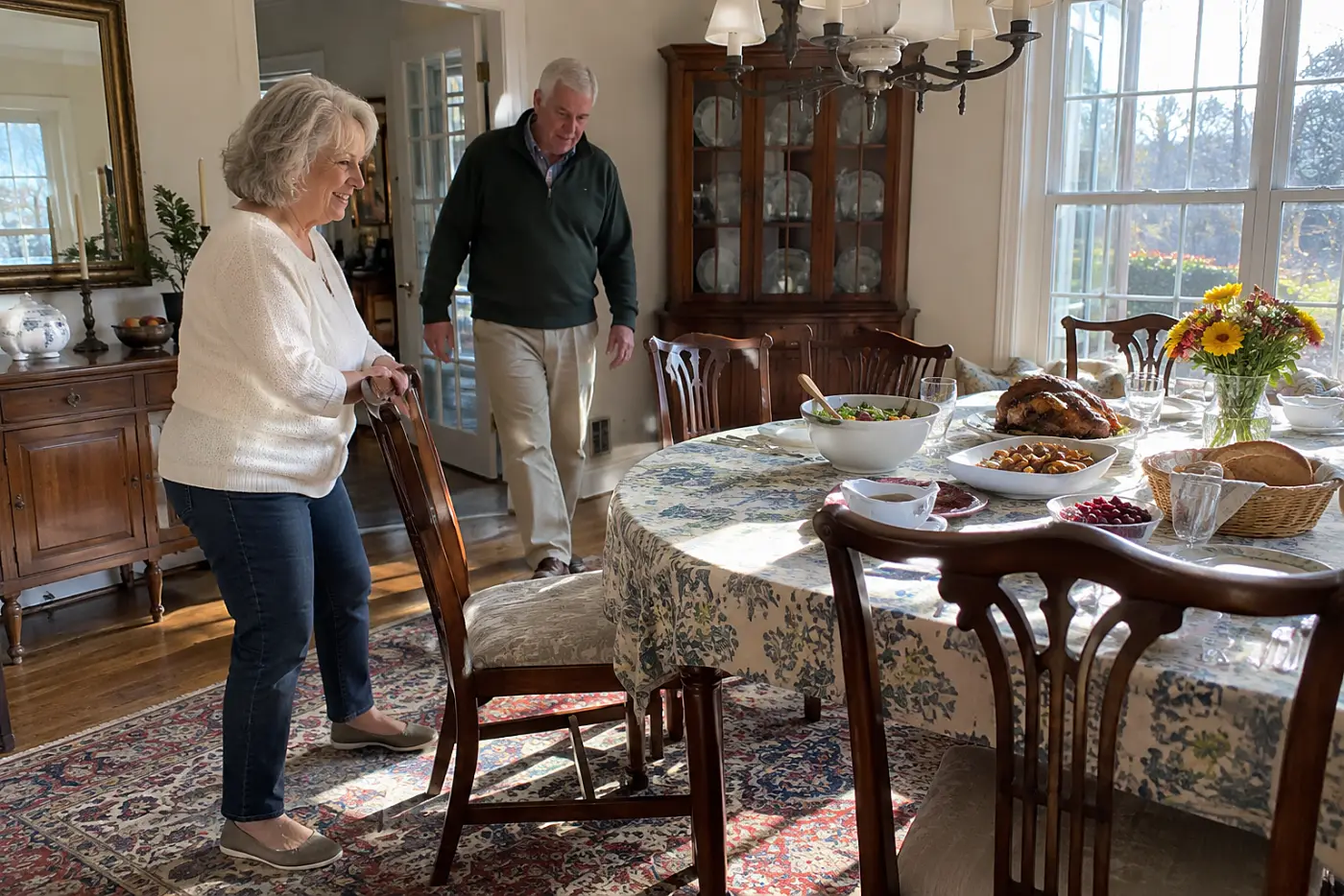 Older woman pulling out a chair at a family dining table.