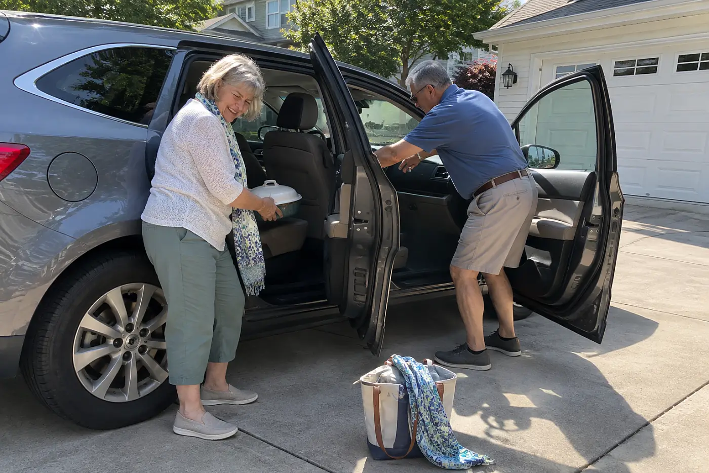 Older woman securing a casserole dish in the back seat of her car.