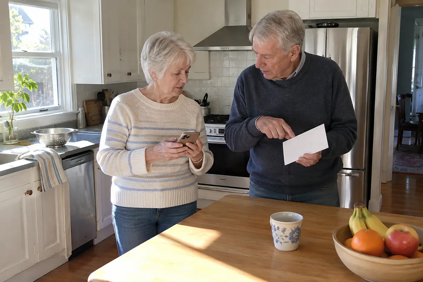 Older woman checking a delivery address on her phone in the kitchen.