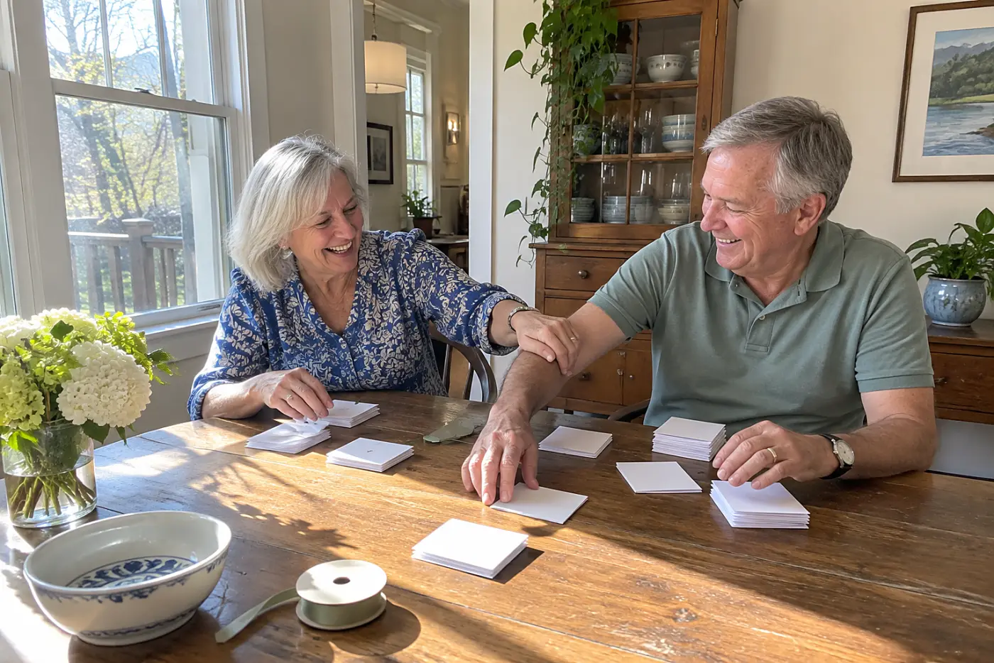 Older woman sorting holiday cards at her dining table.