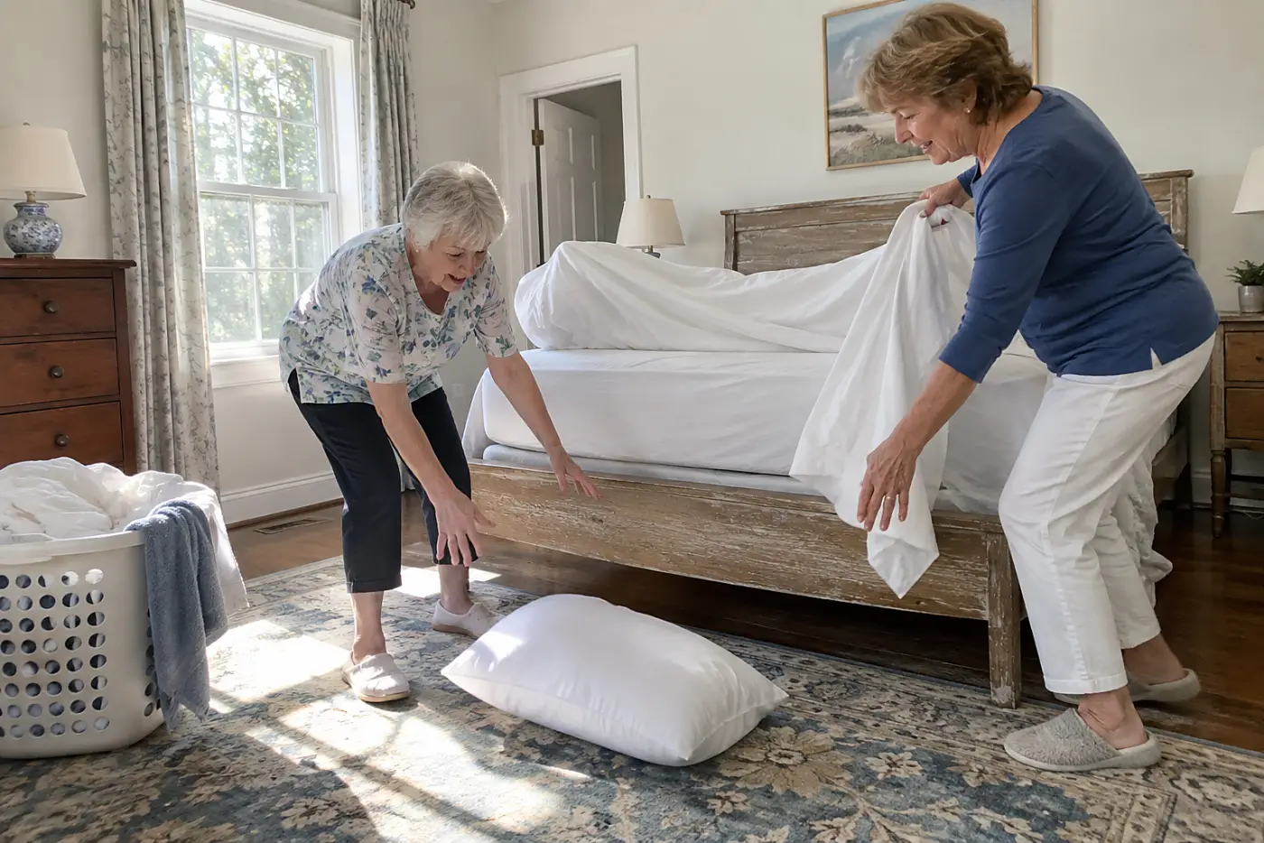 Older woman stripping sheets from the guest bed in her home.