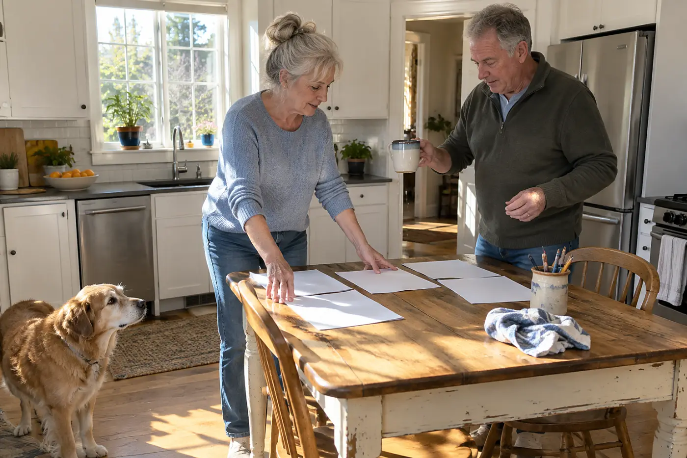 Woman spreading tax forms across her kitchen table with a pencil.