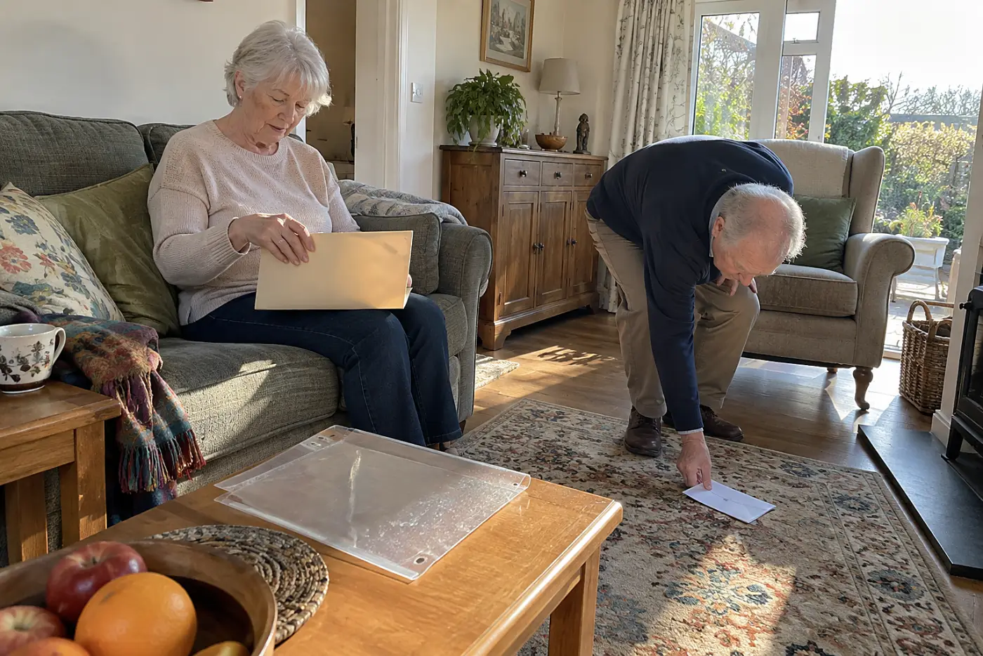 Woman checking pension papers beside an old employee badge at home.