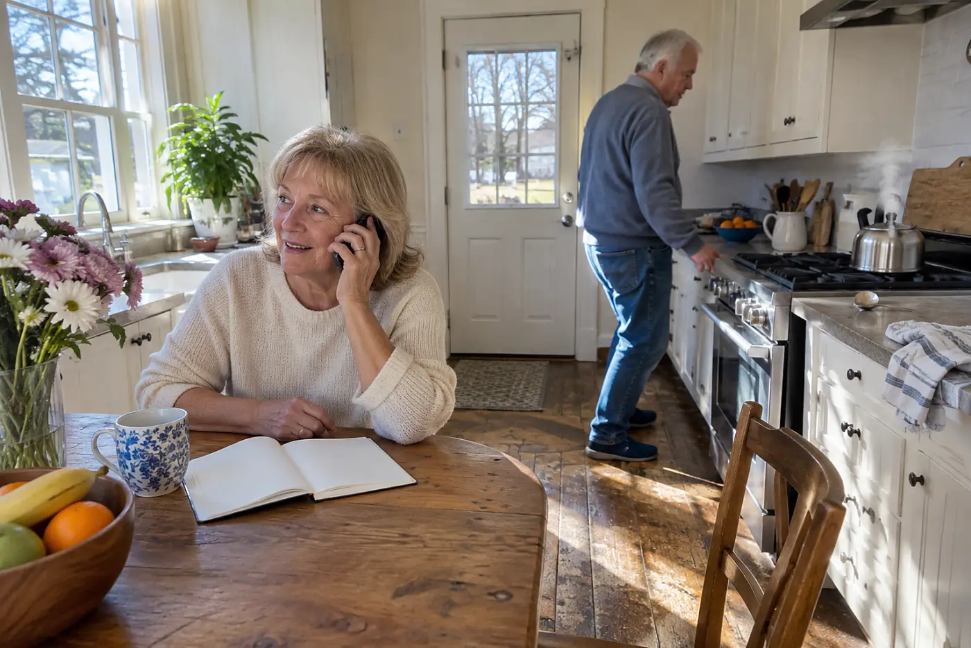Woman calling Social Security with a notebook open at her kitchen table.