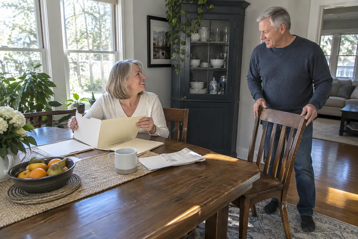 Woman reading a power of attorney document at her dining table.
