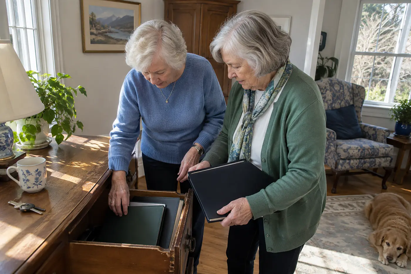 Woman taking a signed will from a desk drawer at home.