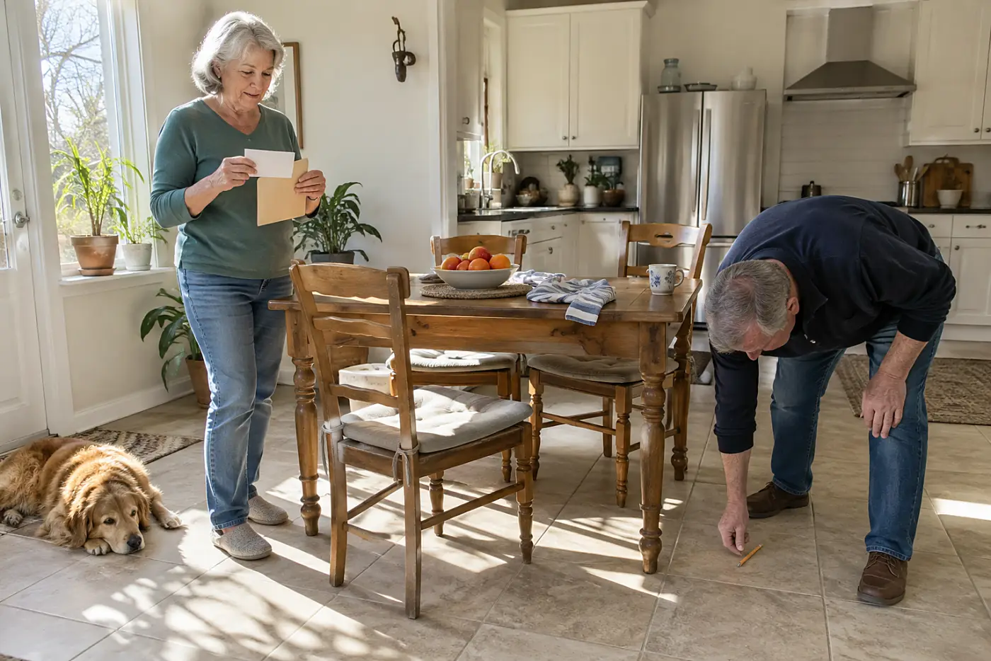 Woman reviewing a retirement account statement at her kitchen table.