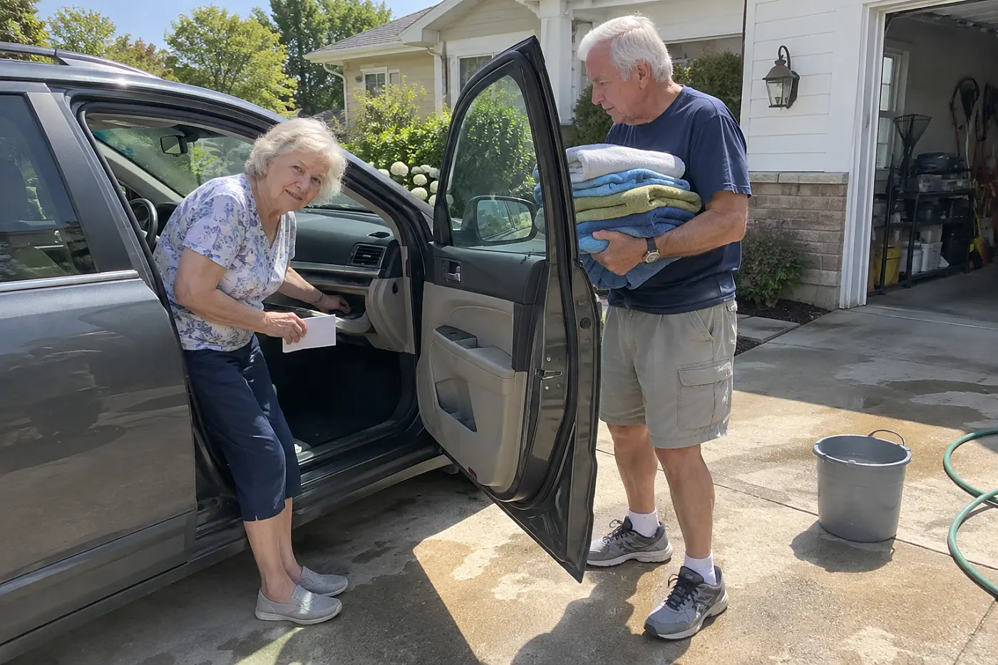 Woman lifting a car title from her glove box in the driveway.