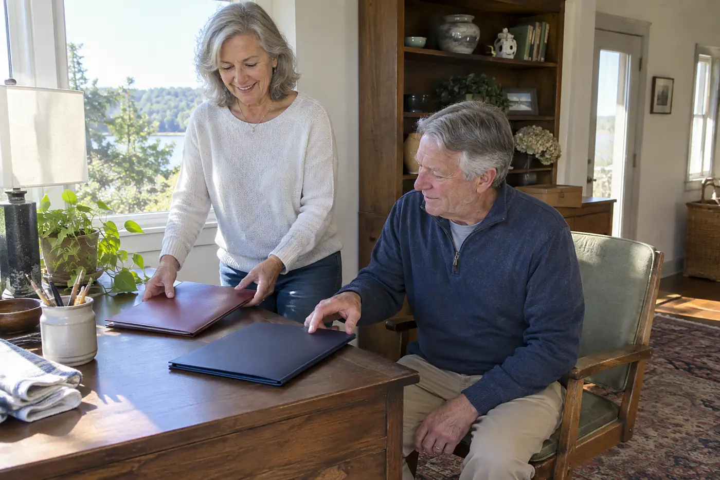 Woman placing a mortgage statement beside a deed on her desk.