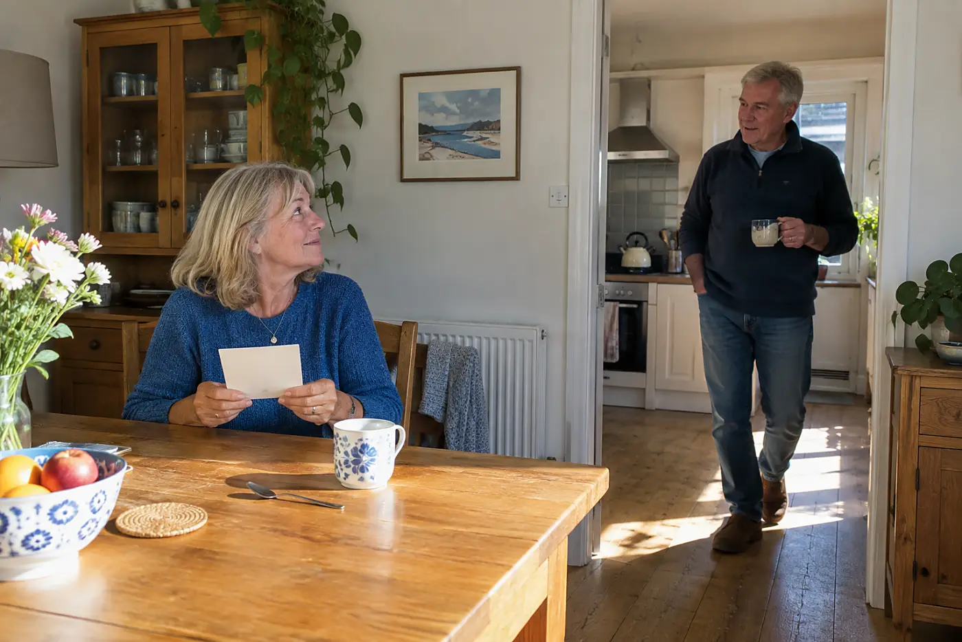 Woman reading the back of a credit card at her kitchen table.