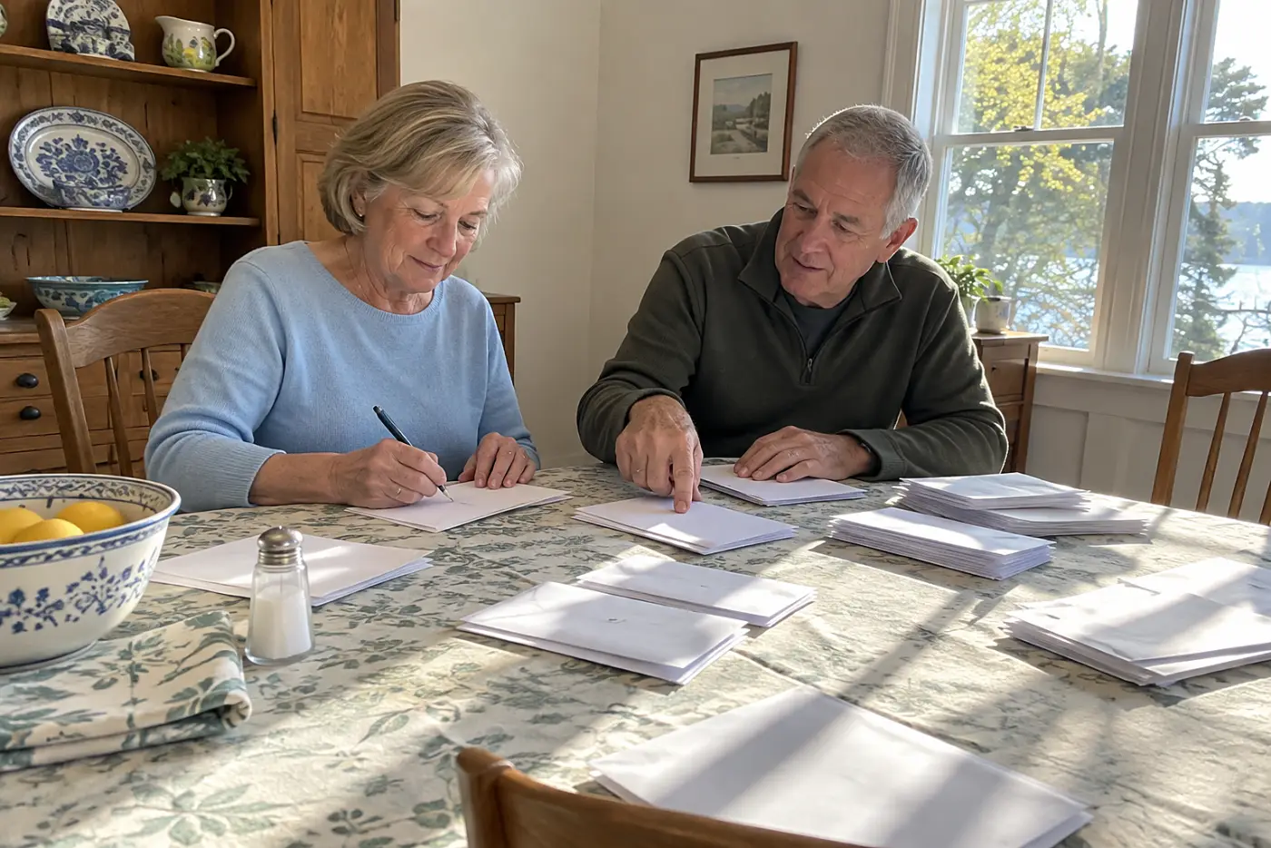 Woman circling deposit entries on bank statements at her dining table.