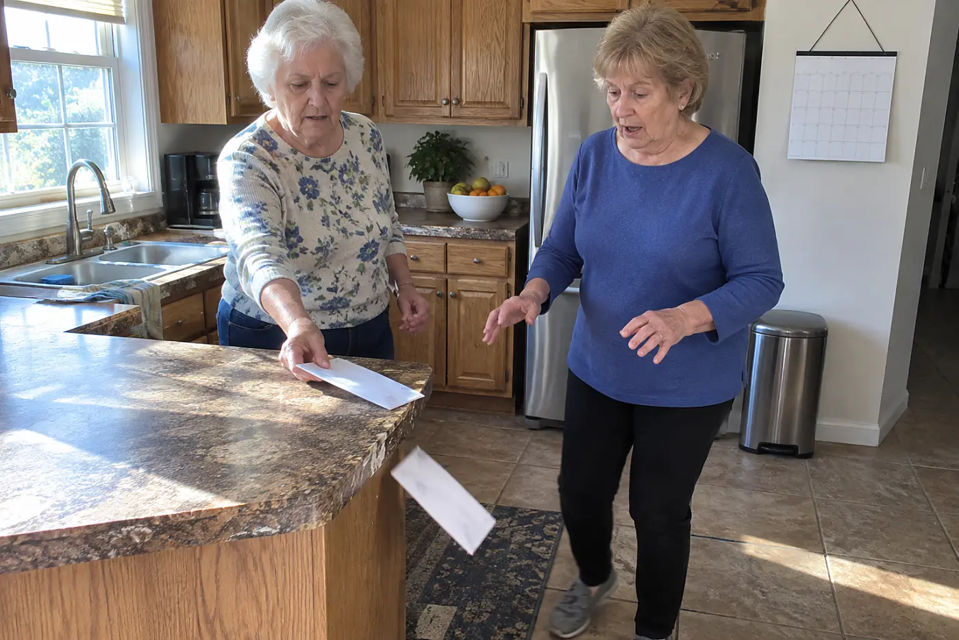Woman sorting unopened envelopes beside a calendar on her kitchen counter.