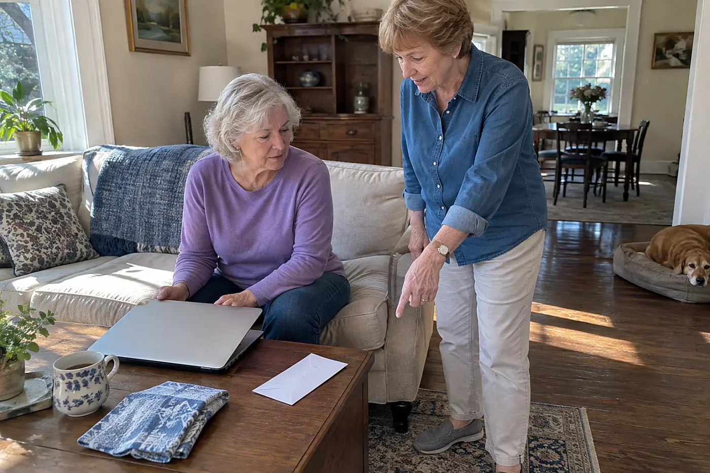 Woman reading password manager recovery instructions on her laptop at home.